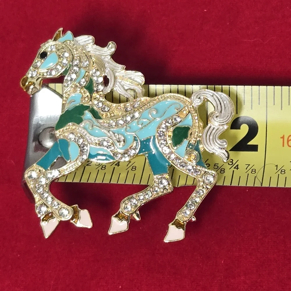 Teal Rhinestone Galloping Horse Brooch Western Equestrian Pin Whimsy Equine Gift